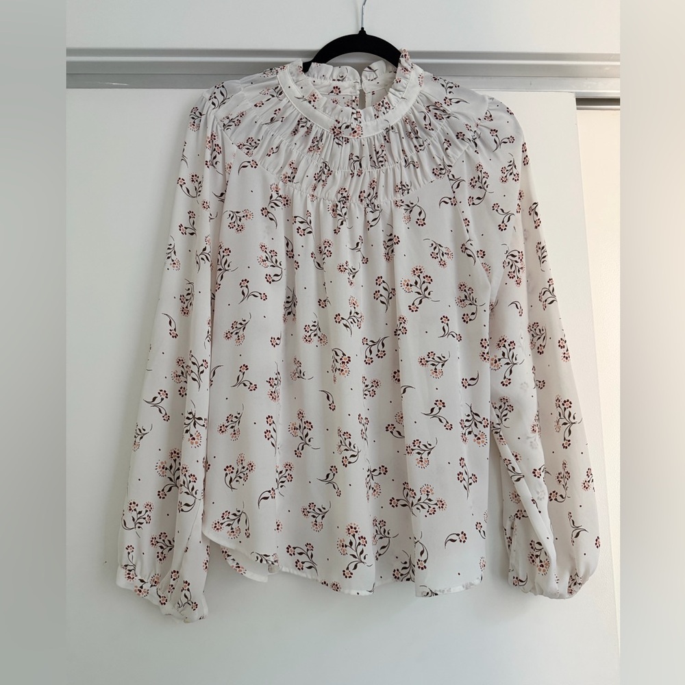 LOFT White Blouse with Brown and Pink Floral Print